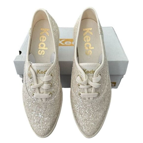 Keds Cream Glitter Sneakers Point Glitter Celebrations Lace Up Platform Sneaker - Picture 6 of 9